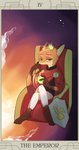 anthro barefoot cape card card_template chair clothing crossed_legs crown feet fortune_telling furniture gloves_(marking) green_eyes headgear holding_object looking_at_viewer major_arcana male markings roman_numeral shield simple_background sitting smile solo tarot tarot_card text the_emperor_(tarot) ppiyak_0710 disney zootopia nick_wilde canid canine fox mammal red_fox true_fox 2016 english_text hi_res