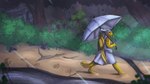 anthro clothed clothing creek detailed_background female forest grey_hair hair outside plant raining red_eyes river scales solo tail tree umbrella walking wings yellow_body yellow_scales dew_dragon mythology dragon mythological_creature mythological_scalie scalie 16:9 hi_res widescreen