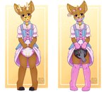 abdl ageplay anthro antlers black_diaper blue_clothing blue_dress brown_body brown_fur clothed clothing crossdressing diaper diaper_check dress duo front_view fur gag head_tuft horn infantilism latex latex_clothing latex_legwear legwear looking_at_viewer male open_mouth pacifier pacifier_gag pink_clothing pink_diaper pink_dress pink_legwear purple_eyes roleplay solo solo_focus standing tan_antlers tan_body tan_fur tuft wearing_diaper white_diaper riddlr omen_(sambo48) deer mammal hi_res multiple_images