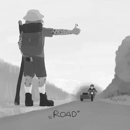 anthro backpack boots bottomwear bucket_hat clothing duo footwear fur hat headgear headwear hitchhiking male markings motorcycle outside shoes short_tail shorts spots spotted_body spotted_fur staff tail vehicle ricky_arts inktober felid feline humanoid lynx mammal 1:1 2024 black_and_white monochrome signature