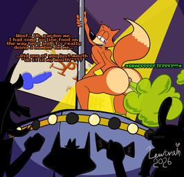 anthro big_butt blush bodily_fluids butt claws clothing crowd dancing dipstick_tail embarrassed fart fart_cloud fur group low-angle_view male markings money orange_body orange_fur penis_drawing pole pole_dancing presenting raised_tail rear_view smile solo spotlight stage sweat tail tail_markings undressing lewtrain humongous_entertainment spy_fox_(series) spy_fox canid canine fox mammal 2026 absurd_res aliasing binary_drawing digital_drawing_(artwork) digital_media_(artwork) hi_res