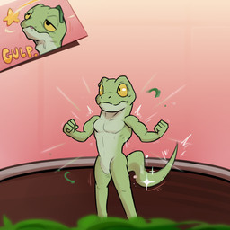 4_fingers anthro athletic athletic_anthro athletic_male can container dizzy eating featureless_crotch fingers fist food green_body growth inside limb_growth male muscle_growth plant red_background regeneration seeing_stars simple_background solo spinach standing tail vegetable yellow_sclera waddledox gecko lizard reptile scalie 1:1 2026 hi_res