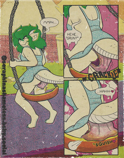 anthro clothing feces female green_hair hair outside panties pink_clothing pink_panties pink_underwear scatplay soiling soiling_underwear solo swing tail tapering_tail text underwear yellow_body seraphina_shameless kobold scalie comic english_text hi_res