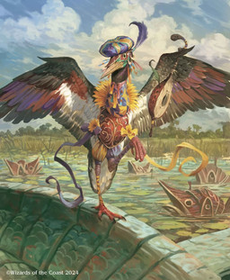 ambiguous_gender beak clothing cloud day detailed_background feathered_wings feathers feral flower hat headgear headwear holding_lute loose_feather on_one_leg outside plant solo spread_wings standing water wings aldo_dominguez hasbro magic:_the_gathering wizards_of_the_coast zinnia_(magic:_the_gathering) avian bird 2024 hi_res official_art