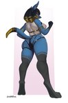 anthro areola big_butt biped blue_body breasts butt clothed clothing ear_piercing ear_ring female holowear_(pokemon) nipples piercing pink_areola pink_nipples ring_piercing solo tail goldmikun nintendo pokemon pokemon_unite nubia_(vulfox) ruins_style_lucario generation_4_pokemon lucario pokemon_(species) absurd_res hi_res