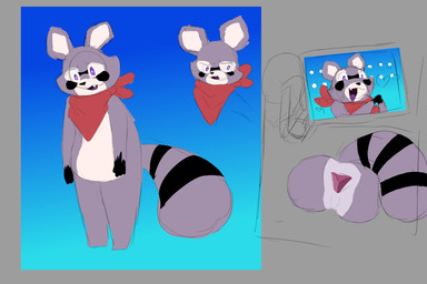 4_fingers anthro big_butt black_hands black_nose black_stripes blue_background butt buttplug fangs featureless_crotch fingers fur grey_body grey_fur grey_tail heart_symbol hearts_around_head hunched_over kerchief kerchief_only male male_anthro markings mostly_nude mostly_nude_anthro mostly_nude_male multicolored_body multicolored_fur neckerchief neckerchief_only neckwear open_mouth open_smile plug_(sex_toy) pupils purple_eyes purple_tongue red_kerchief red_neckerchief screen sex_toy simple_background smile solo standing striped_markings striped_tail stripes tail tail_markings teeth tongue two_tone_tail white_body white_fur white_inner_ear white_pupils buleruby indigo_park rambley_raccoon digital_creature hybrid mammal procyonid raccoon 2024 3:2 absurd_res colored_sketch digital_drawing_(artwork) digital_media_(artwork) english_description flat_colors hi_res multiple_images sketch