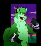 anthro cloud fur green_body green_eyes green_fur horn male nipples nude outside sky solo star starry_sky vasuki kudi bovid canid canine caprine goat hybrid mammal alpha_channel