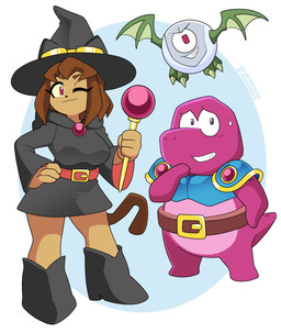 anthro armor belt breasts brown_body brown_hair clothing eyebrows eyelashes eyewear female goggles group hair hand_on_hip hat headgear headwear machine magenta_eyes male one_eye_closed smile trio whiskers wink witch_hat nico_neko gameoverse glitch_productions gobbles_(gameoverse) kaboodle_(gameoverse) kit_bodega dinosaur domestic_cat felid feline felis mammal prehistoric_species reptile robot scalie 2026 absurd_res hi_res
