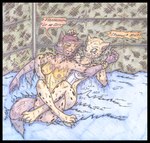 anthro black_border border breasts colored_pencil duo feet female female/female fur hair male male/female markings nipples nude paws simple_background spots spotted_body spotted_fur text yellow_body cougar_leon dc_comics autumn_williams cheetah_(dc) cheetah felid feline hyena mammal werecreature werehyena 2020 colored_pencil_(artwork) traditional_media_(artwork)