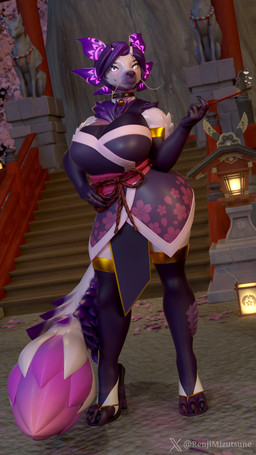 anthro asian_clothing big_breasts blowing_bubbles breasts bubble bubble_pipe calve_scales cherry_blossom cherry_blossom_tree cherry_tree choker clothing collar curvy_figure east_asian_clothing female floral_pattern flower fruit_tree gloves_(marking) glowing glowing_markings gold_accents gold_trim hair horn japanese_clothing jewelry kimono leg_markings looking_at_viewer markings necklace plant pose posing_for_picture prunus_(flower) purple_arms purple_body purple_clothing purple_hair purple_legs scales shrine smile smoking socks_(marking) solo stairs standing tree voluptuous whiskers white_body renjimizutsune blender_eevee capcom monster_hunter mythology renji_tama_(character) dragon leviathan_(mh) mizutsune mythological_creature mythological_scalie scalie 3d_(artwork) 4k 9:16 absurd_res blender_(artwork) digital_media_(artwork) hi_res