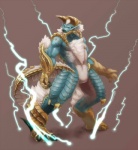 4_fingers anthro barefoot biped chest_tuft claws electricity featureless_crotch feet fingers fur looking_aside male muscular muscular_anthro muscular_male scales simple_background solo standing tail tan_body tan_scales teal_body teal_eyes teal_scales tuft white_body white_fur white_scales biri riot41 capcom monster_hunter fanged_wyvern zinogre