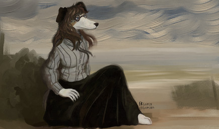 5_fingers anthro beach biped black_nose black_text blue_eyes bottomwear clothing eyewear female fingers glasses hair mouth_closed pupils sea sitting skirt solo text water white_sclera leprzil art_fight artfight2026 borzoi canid canine canis domestic_dog hunting_dog hybrid mammal sighthound 2026 english_text hi_res signature