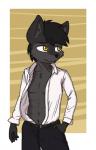 anthro black_hair bottomwear clothed clothing fur grey_body grey_fur hair hand_in_pocket male pants pecs pockets shirt simple_background solo standing teeth topwear yellow_eyes aggie_(artist) canid canine canis mammal wolf 2018 digital_media_(artwork) hi_res