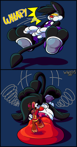 2_toes 3_toes 4_fingers anthro big_feet big_pawpads big_tongue big_uvula cartoon_gloves cheek_bulge clothing curling_toes duo extreme_size_difference eyewear feet fingers glasses long_tongue macro male male/male micro open_mouth overalls pawpads paws red_tongue shirt size_difference slapstick slapstick_humor soles tail thick_tongue toes tongue tongue_out toony toony_moment topwear wearing_glasses whiskers wide_tongue marquis2007 herman_(marquis2007) roderick_(tamerkoh) imp lagomorph leporid mammal rabbit absurd_res alpha_channel comic hi_res