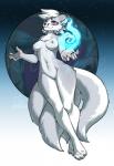 anthro areola breasts female fur genitals hair innie_pussy looking_at_viewer magic magic_user multi_tail navel nipples nude purple_eyes pussy smile solo tail white_body white_fur white_hair wide_hips kittydee izanami canid canine fox mammal digital_media_(artwork) hi_res shaded