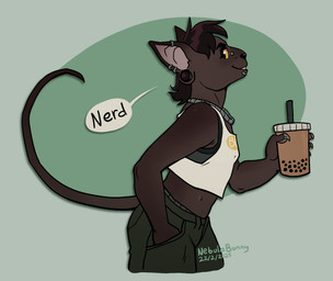 anthro beverage biped bottomwear bridge_piercing brown_body brown_hair brown_skin bubble_tea claws clothed clothed_anthro clothed_female clothing crop_top facial_piercing female female_anthro fully_clothed fully_clothed_anthro fully_clothed_female geometric_background hair hairless hairless_tail holding_beverage holding_object looking_at_viewer nose_piercing pants piercing ring_piercing shirt simple_background solo speech_bubble standing tail text topwear yellow_eyes nebulabunny dylan_(nebulabunny) domestic_cat felid feline felis hairless_cat mammal sphynx_(cat) 2025 artist_name dated english_text hi_res signature trans_(lore) trans_woman_(lore)