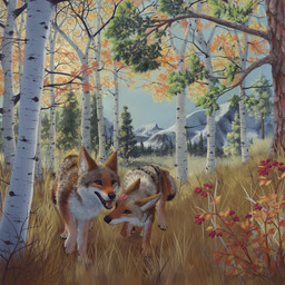 ambiguous_feral ambiguous_gender autumn birch_tree detailed_background duo feral flower_accessory forest fur grass grey_body grey_fur mountain multicolored_body multicolored_fur open_mouth orange_body orange_fur paws plant tree walking whiskers white_body white_fur faryart canid canine canis coyote mammal 1:1 hi_res