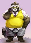 anthro black_nose bottomwear brown_body brown_fur bulge clothing eyewear fur glasses humanoid_hands kemono male necktie outside overweight overweight_anthro overweight_male shirt shorts solo topwear nekomarudon tanukimaru canid canine mammal raccoon_dog tanuki 2021