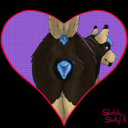 animal_genitalia animal_vulva anus black_body black_fur blue_eyes blue_hair blue_nose blue_vulva canine_genitalia canine_vulva dipstick_ears dotted_background ear_markings ear_piercing ear_ring female female_feral feral fur genitals glistening glistening_eyes hair looking_at_viewer looking_back looking_back_at_viewer mouth_closed multicolored_ears pattern_background piercing presenting presenting_anus presenting_vulva rear_view ring_piercing short_hair simple_background solo tan_body tan_fur vulva sketchy_shelby canid canine mammal 1:1 hi_res