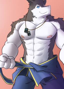 abs anthro areola biceps big_muscles biped blue_eyes clothed clothing dog_tags fur grey_body grey_fur jewelry jumpsuit looking_at_viewer male muscular muscular_anthro muscular_male necklace nipples partially_clothed pecs pink_areola simple_background smile solo standing topless vault_suit white_body white_fur discordnight_(artist) fallout microsoft discordnight sergal 2016 absurd_res hi_res