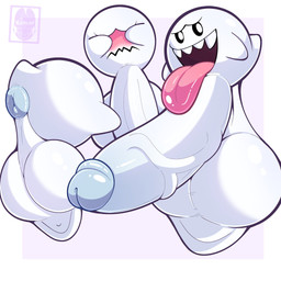 anus balls big_balls big_penis blush covering covering_face covering_self erection genital_raphe genitals group huge_balls huge_penis hyper hyper_balls hyper_genitalia hyper_penis looking_at_viewer male not_furry open_mouth penis puffy_anus raphe_(anatomy) scrotal_raphe sharp_teeth teeth tongue tongue_out trio white_body white_eyes yamwamm mario_bros nintendo boo_(mario) ghost spirit 1:1 hi_res