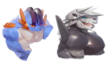 anthro armor barazoku blue_body blue_eyes front_view grey_body headgear helmet looking_at_viewer male male_anthro muscular muscular_anthro muscular_male narrowed_eyes nude open_mouth orange_eyes pecs red_sclera red_tongue side_view simple_background solo tongue white_background white_body darkgem nintendo pokemon aggron generation_3_pokemon generation_6_pokemon mega_evolution mega_swampert pokemon_(species) multiple_images