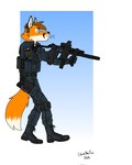 anthro belt blue_eyes boots border brown_hair clothing combat_boots dipstick_tail ear_piercing ears_up elbow_pads footwear fox_tail fur gauged_ear gloves gradient_background gun hair handgun handwear holding_object holding_weapon holster knee_pads looking_aside male markings military_clothing military_jacket military_pants military_uniform orange_body orange_fur piercing pistol poland ranged_weapon shoes simple_background solo standing tail tail_markings thigh_holster uniform weapon white_body white_border white_fur bartek22 chris_the_fox_(bartek22) 2024 dated digital_media_(artwork) hi_res signature