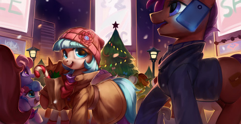 bag beanie blue_eyes blue_hair candy candy_cane cellphone christmas_tree city clothed clothed_feral clothing coat crowd cutie_mark dessert detailed_background electronics eyelashes eyes_closed female feral flower food fully_clothed fully_clothed_feral group hair hat headgear headwear holidays horn lights looking_at_viewer magic magic_user male multicolored_hair night open_mouth phone plant scarf shopping smartphone smile solo_focus star street street_lamp sweater toony topwear tree trenchcoat two_tone_hair landypommel christmas friendship_is_magic hasbro my_little_pony mythology coco_pommel_(mlp) earth_pony equid equine horse mammal mythological_creature mythological_equine pony unicorn 2017 absurd_res detailed hi_res