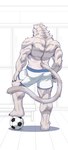 anthro back_muscles ball biped black_claws blue_eyes bottomwear brown_nose claws clothing eyebrows fur hand_on_leg hand_on_thigh inside locker_room looking_at_viewer looking_back male muscular muscular_anthro muscular_calves muscular_legs muscular_male shorts soccer_ball solo standing tail triceps tuft white_body white_bottomwear white_clothing white_eyes white_fur white_shorts white_tail yuezai_1 felid feline mammal hi_res