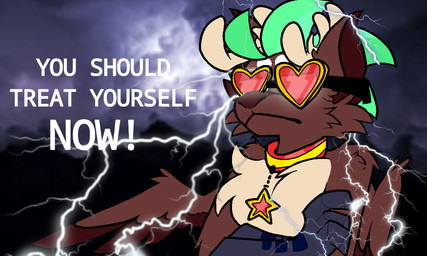 anthro antlers brown_body clothing collar crossed_arms electricity eyewear glasses green_hair hair heart_clothing heart_symbol horn lightning photo_background shitpost star text wings racc_on_the_net low_tier_god lucky_prize_(racc_on_the_net) peryton 5:3 meme photography_(artwork)