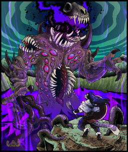 anthro armor axe claws clothed clothing duo fangs female fully_clothed fur hair holding_object holding_weapon melee_weapon multi_eye multi_mouth purple_hair sharp_teeth shield simple_background size_difference spikes teeth tentacles weapon grimmuza lovecraftian_(genre) helena_sif_(elfox) skarphedinn eldritch_abomination eye_creature felid feline mammal monster pantherine snow_leopard digital_media_(artwork) hi_res signature