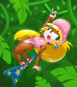 5_fingers 5_toes anthro barefoot blonde_hair bottomless breasts brown_body brown_fur clothed clothing ear_piercing ear_ring electric_guitar featureless_crotch feet female fingers fur green_eyes guitar hair hat headgear headwear leaf long_hair musical_instrument open_mouth piercing plant plucked_string_instrument prehensile_feet ring_piercing solo string_instrument tailless toes vines minus8 donkey_kong_(series) nintendo dixie_kong ape chimpanzee haplorhine kong mammal pan_(genus) primate 2020