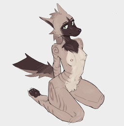 anthro barely_visible_genitalia barely_visible_vulva breasts crossgender female genitals green_eyes humanoid_genitalia humanoid_vulva kneeling looking_at_viewer multicolored_body nipple_piercing nipples nude on_ground paws piercing pubes small_breasts solo vulva syn-6 shekh humanoid hyena mammal hi_res sketch