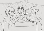 anthro birthday cake dessert female food group male trio thony_dog uruz_fox canid canine canis domestic_dog fox hybrid mammal absurd_res hi_res monochrome