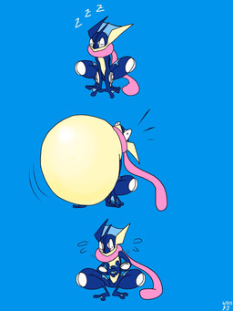 ambiguous_gender anthro blue_background crouching eyes_closed inflation long_tongue ninja simple_background sleeping solo sound_effects surprised tongue tongue_out vowelless vowelless_sound_effect warrior zzz j.f nintendo pokemon amphibian generation_6_pokemon greninja pokemon_(species) 3:4 comic hi_res