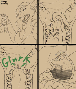angry anthro begging_for_mercy bra claws clothing digitigrade duo extreme_size_difference female female_pred finger_claws fluffy fluffy_tail forced frustrated glurk guts hair implied_fatal intestines liver_(organ) male male/female micro mouth_shot nude_male onomatopoeia open_mouth oral_vore organs peril scared size_difference sound_effects stomach swallowed swallowed_alive swallowed_whole tail teeth_showing text tight_fit tongue underwear unwilling_prey vore x-ray_view mangomutt arya_(mangomutt) canid canine domestic_cat felid feline felis mammal maned_wolf comic hi_res