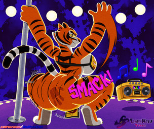 anthro big_breasts boombox breasts butt_slap claws cleavage clothed clothing dancing female looking_at_viewer pole pole_dancing slap smile smiling_at_viewer smirk smirking_at_viewer solo stripper stripper_pole twerking whiskers yellow_sclera blu3danny dreamworks kung_fu_panda master_tigress felid mammal pantherine tiger 2026 absurd_res hi_res