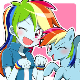 5_fingers blue_body blue_feathers blush clothed clothing duo eyebrows eyelashes feathered_wings feathers female feral fingers hair hooves long_hair looking_at_viewer multicolored_hair nude one_eye_closed open_mouth open_smile pink_background purple_eyes rainbow_hair shirt simple_background smile tongue topwear wings wink wristband ryuu_chan equestria_girls friendship_is_magic hasbro my_little_pony mythology rainbow_dash_(eg) rainbow_dash_(mlp) equid equine human mammal mythological_creature mythological_equine pegasus 1:1 2015