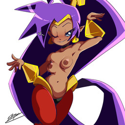 areola big_hair blue_eyes blush bottomwear bracelet breasts brown_areola brown_nipples clothed clothing dark_body dark_skin ear_piercing ear_ring eyelashes female front_view hair heart_symbol humanoid_pointy_ears jewelry long_hair looking_at_viewer navel nipples one_eye_closed piercing pointy_ears ponytail purple_hair red_bottomwear red_clothing ring_piercing simple_background small_breasts smile solo thick_thighs topless white_background wide_hips wink winking_at_viewer inuyuru shantae_(series) wayforward shantae genie humanoid 1:1 hi_res