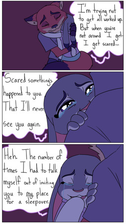 anthro bodily_fluids clothed clothing comforting comforting_another dialogue duo female fur grey_body grey_fur hug hugging_another male orange_body orange_fur pointy_ears rabbit_ears tears tears_of_sadness text hahstudios disney zootopia judy_hopps nick_wilde canid canine european_rabbit fox lagomorph leporid mammal oryctolagus rabbit red_fox true_fox comic english_text