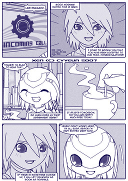 anthro border container cup detailed_background dialogue duo facial_markings forehead_markings grin hair head_markings kemono machine male male_anthro male_human markings open_mouth open_smile smile speech_bubble teeth text white_border cyyeun xen_(series) switch_(xen) human mammal robot robot_anthro 2007 blue_and_white blue_monochrome comic dated english_text monochrome