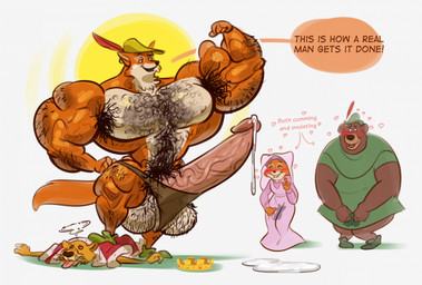 abs anthro armpit_hair balls biceps big_balls big_muscles big_penis blush bodily_fluids body_hair brown_body brown_fur chest_hair clothing crown ejaculation female flexing fur genital_fluids genitals glans green_clothing group hairy hairy_balls hat headgear headwear heart_symbol huge_balls huge_muscles huge_penis hyper hyper_balls hyper_genitalia hyper_muscles hyper_penis king leaking male muscular muscular_anthro muscular_arms muscular_male muscular_thighs on_top_of_another orange_body orange_fur penis pink_clothing precum pubes royalty simple_background text thong underwear vein veiny_muscles veiny_penis white_background lotolotl disney robin_hood_(disney) little_john maid_marian prince_john robin_hood bear canid canine domestic_cat felid feline felis fox mammal pantherine red_fox true_fox english_text hi_res niece_(lore) uncle_(lore) uncle_and_niece_(lore)