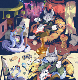 anthro ball_of_yarn bass_guitar beret clothing cuddling dialogue duo feral fur grey_body grey_fur guitar hat headgear headwear male musical_instrument painting_(action) painting_(object) plucked_string_instrument string_instrument string_lights sweater topwear yarn jineowu disney zootopia gary_de'snake pawbert_lynxley canada_lynx felid feline lynx mammal pit_viper reptile scalie snake viper hi_res