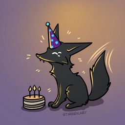 6_eyes birthday_cake black_body black_fur cake candle clothing dessert fangs feral food fur gradient_background hat headgear headwear male multi_eye party_hat simple_background sitting solo teeth stirren woon_(sixeyedfox) canid canine fox mammal 1:1