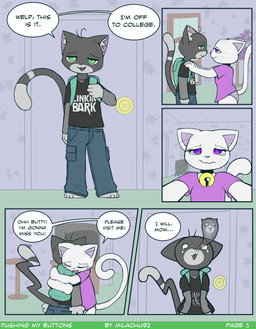 anthro backpack bell bell_collar bodily_fluids bottomwear clothing collar denim denim_bottomwear denim_clothing dialogue duo female fur green_eyes grey_body grey_fur hug jeans male pants purple_eyes tears text white_body white_fur milachu92 buttons_(milachu92) snowball_(milachu92) domestic_cat felid feline felis mammal absurd_res comic english_text hi_res mother_(lore) mother_and_child_(lore) mother_and_son_(lore) parent_(lore) parent_and_child_(lore) parent_and_son_(lore) son_(lore)
