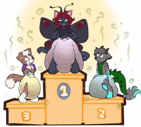 ambiguous_gender antennae_(anatomy) anthro big_diaper black_antennae black_body black_clothing black_fur black_horn black_nose black_shirt black_tail black_topwear black_wings blue_body blue_fur blush blush_lines brown_body brown_fur brown_tail clothed clothing competition crossed_arms diaper diaper_fetish diaper_only dipstick_tail excessive_feces feces fingerless_(marking) fingerless_gloves_(marking) floppy_ears frown fur gloves_(marking) green_tail grey_body grey_fur grey_tail_tuft group hair hands_on_hips hands_on_own_hips head_horn horn huge_diaper leg_markings looking_down looking_down_at_another looking_up_at_another markings multicolored_body multicolored_fur narrowed_eyes open_mouth open_smile pink_inner_ear pink_nose podium red_hair shirt simple_background smile socks_(marking) soiled_diaper soiling spiked_tail spikes spikes_(anatomy) spiral standing stink_fumes stink_lines tail tail_markings tail_tuft topless topwear torn_clothing torn_shirt torn_topwear trio tuft unclean_diaper used_diaper wavy_mouth wearing_diaper whisker_spots white_background white_body white_fur white_tail_tip wings lileli mythology austin_(babdotcom) echo_(baileythebnuoy) raizu_(paddedraizu) arthropod border_collie canid canine canis collie domestic_cat domestic_dog dragon felid feline felis herding_dog hybrid insect lepidopteran mammal moth mythological_creature mythological_scalie pastoral_dog scalie sheepdog hi_res
