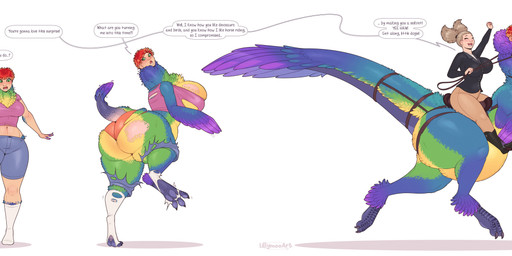 big_breasts big_butt body_size_growth boots bottomwear breast_growth breasts butt claws clothing collared_shirt dress_shirt duo feather_growth feathered_tail feathered_wings feathers female feral footwear growth harness huge_breasts huge_butt human_to_feral legwear multicolored_body multicolored_feathers neck_expansion pants plantigrade_to_digitigrade riding riding_on_back running saddle shirt shoes simple_background size_transformation species_transformation stirrups stockings tail tail_growth text thick_thighs toe_claws topwear torn_clothing transformation transformation_sequence white_background wing_growth wings lillymoo capcom monster_hunter kyla_thompson avian bird_wyvern human mammal seikret absurd_res english_text hi_res url