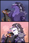 anthro black_border border chest_tuft confusion duo eye_contact fur hug inner_ear_fluff looking_at_another male size_difference smile tongue tongue_out toothy_grin tuft two_panel_image pur-fox nintendo pokemon canid canine fox generation_8_pokemon mammal obstagoon pokemon_(species) hi_res