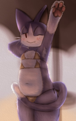 anthro armpit_hair bikini blush body_hair bulge clothing male multi_nipple nipples one_eye_closed pawpads raised_arm solo stretching string_bikini swimwear tail two-piece_swimsuit wink miii_cho animal_crossing nintendo rover_(animal_crossing) felid feline mammal