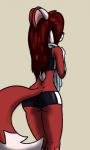 anthro athletic_wear big_tail biped bottomwear butt clothed clothing dipstick_tail exercise_clothing female fluffy fluffy_tail fur gloves_(marking) hair hotpants leg_markings long_hair looking_back markings midriff multicolored_body multicolored_fur multicolored_tail rear_view red_body red_fur red_hair shorts simple_background socks_(marking) solo standing tail tail_markings tan_background tight_clothing towel towel_around_neck translucent translucent_hair two_tone_body two_tone_fur white_background white_body white_fur wide_hips terdburgler linda_wright canid canine fox hybrid mammal hi_res